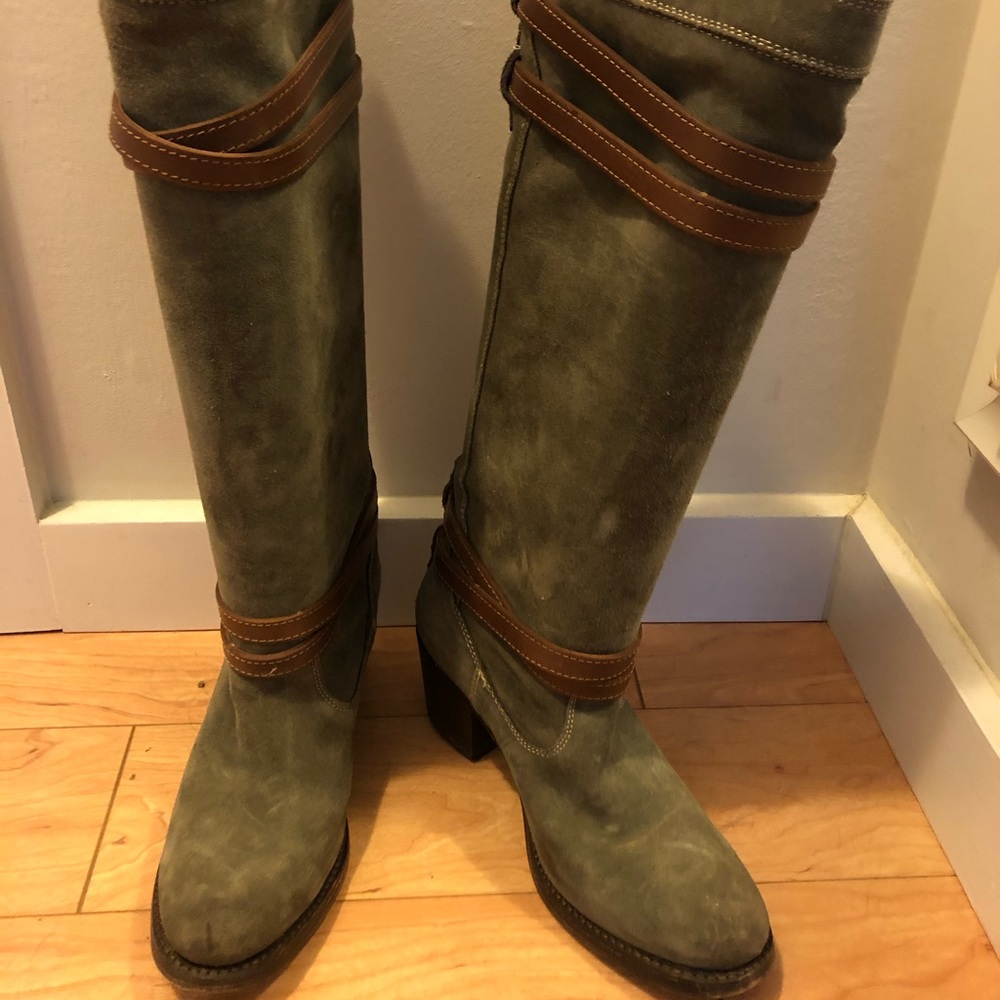 Frye suede knee high boots with leather wrap